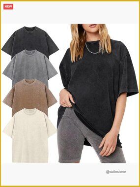 4 Pack Cotton Oversized Tees Acid Wash Boyfriend Fit Loose Streetwear Tops